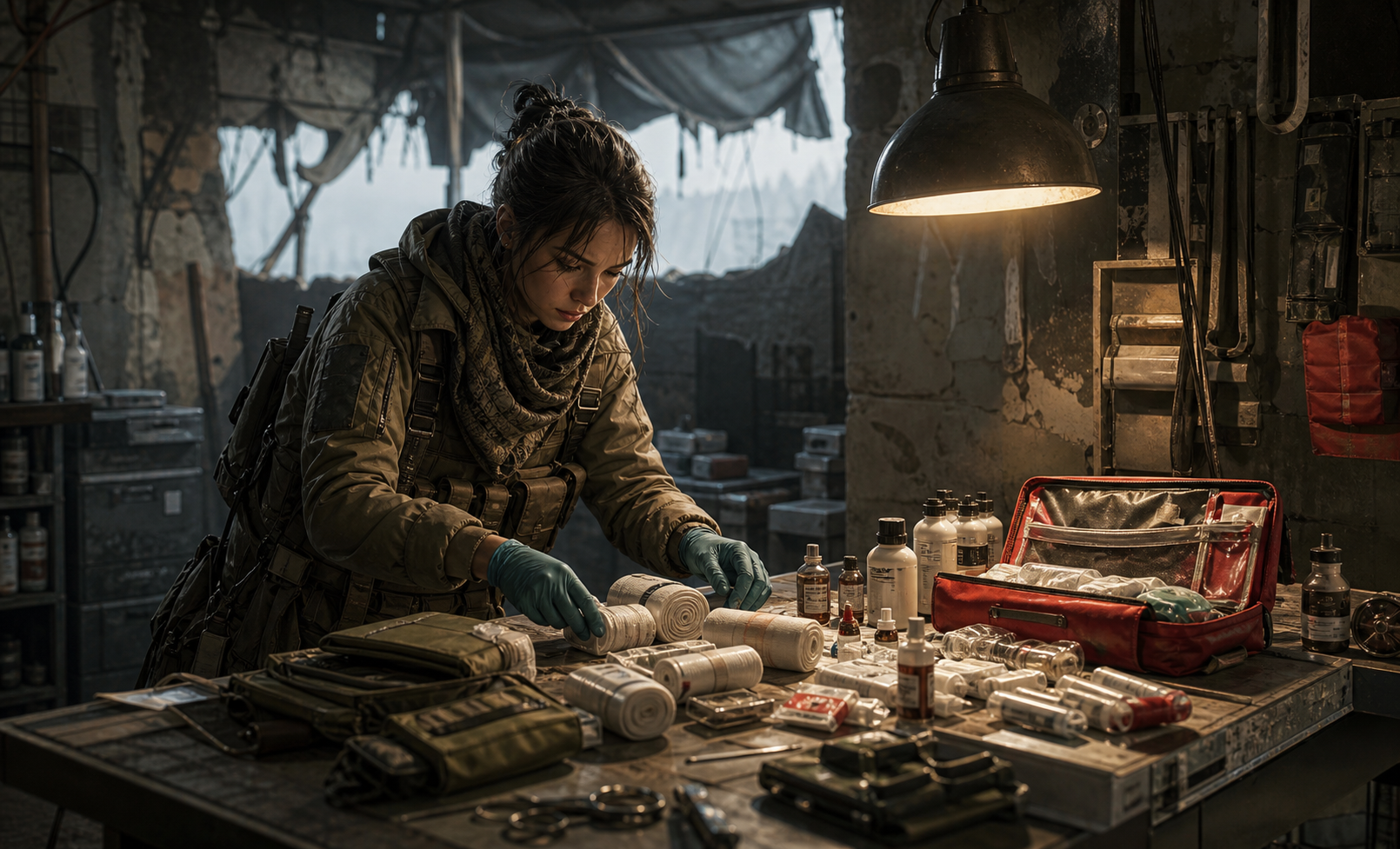 Médica preparando suministros de emergencia